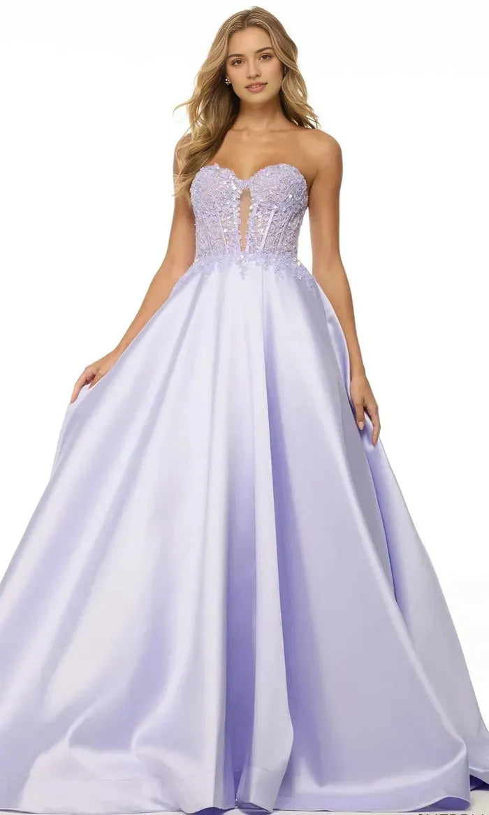 Lavender Strapless Ball Gown with Embroidered Bodice and Voluminous Satin Skirt for Prom  Formal Galas