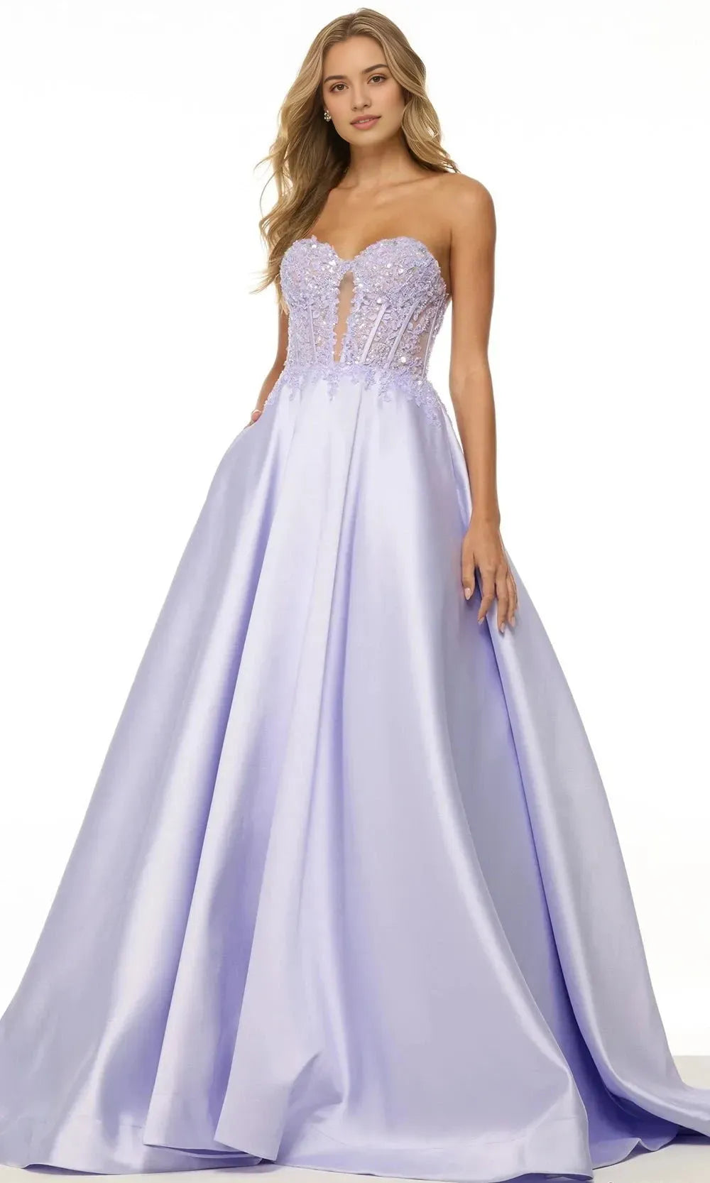 Lavender Strapless Ball Gown with Embroidered Bodice and Voluminous Satin Skirt for Prom  Formal Galas
