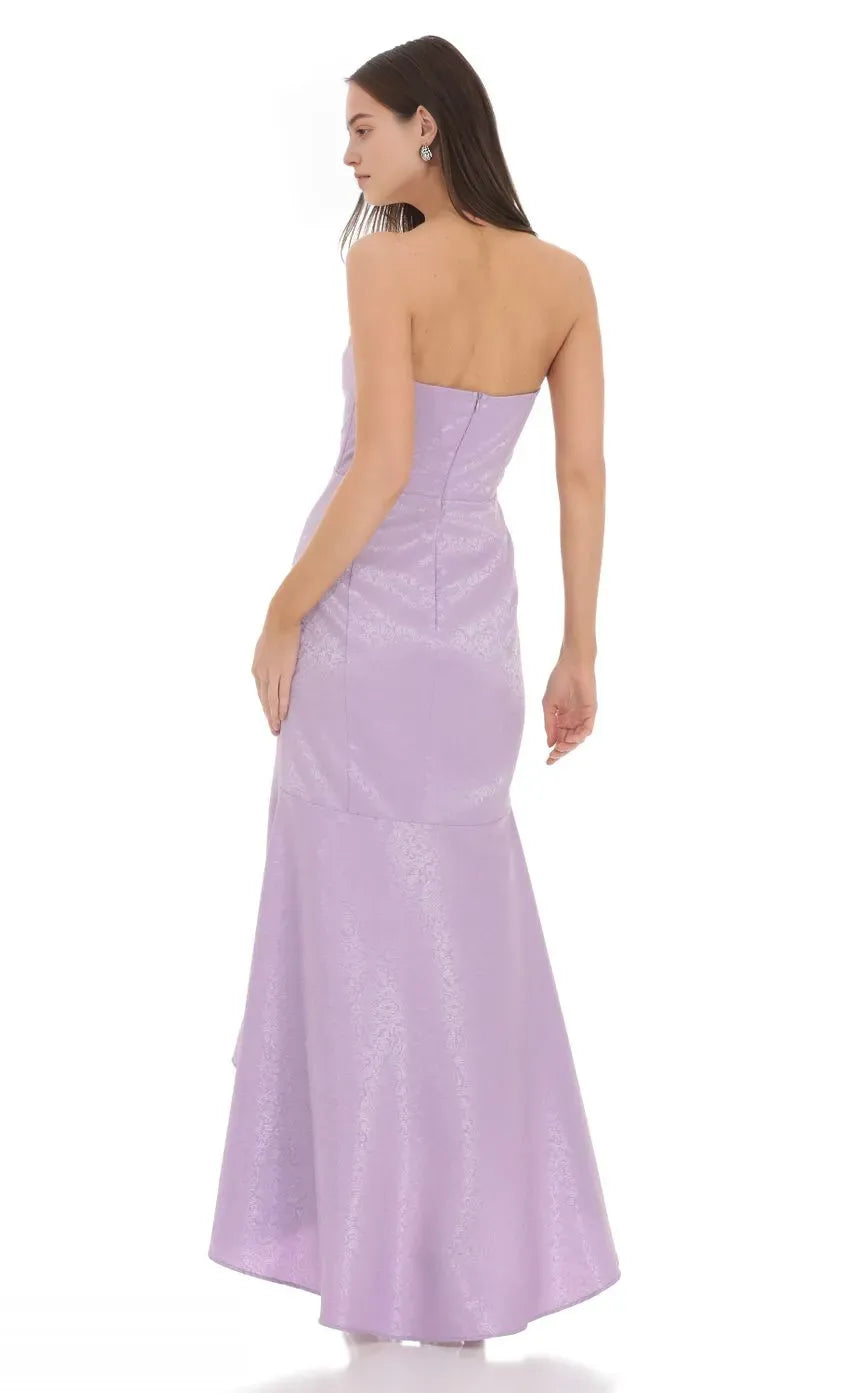 Lavender Strapless Brocade Prom Dress with Mermaid Silhouette and High Low Hem