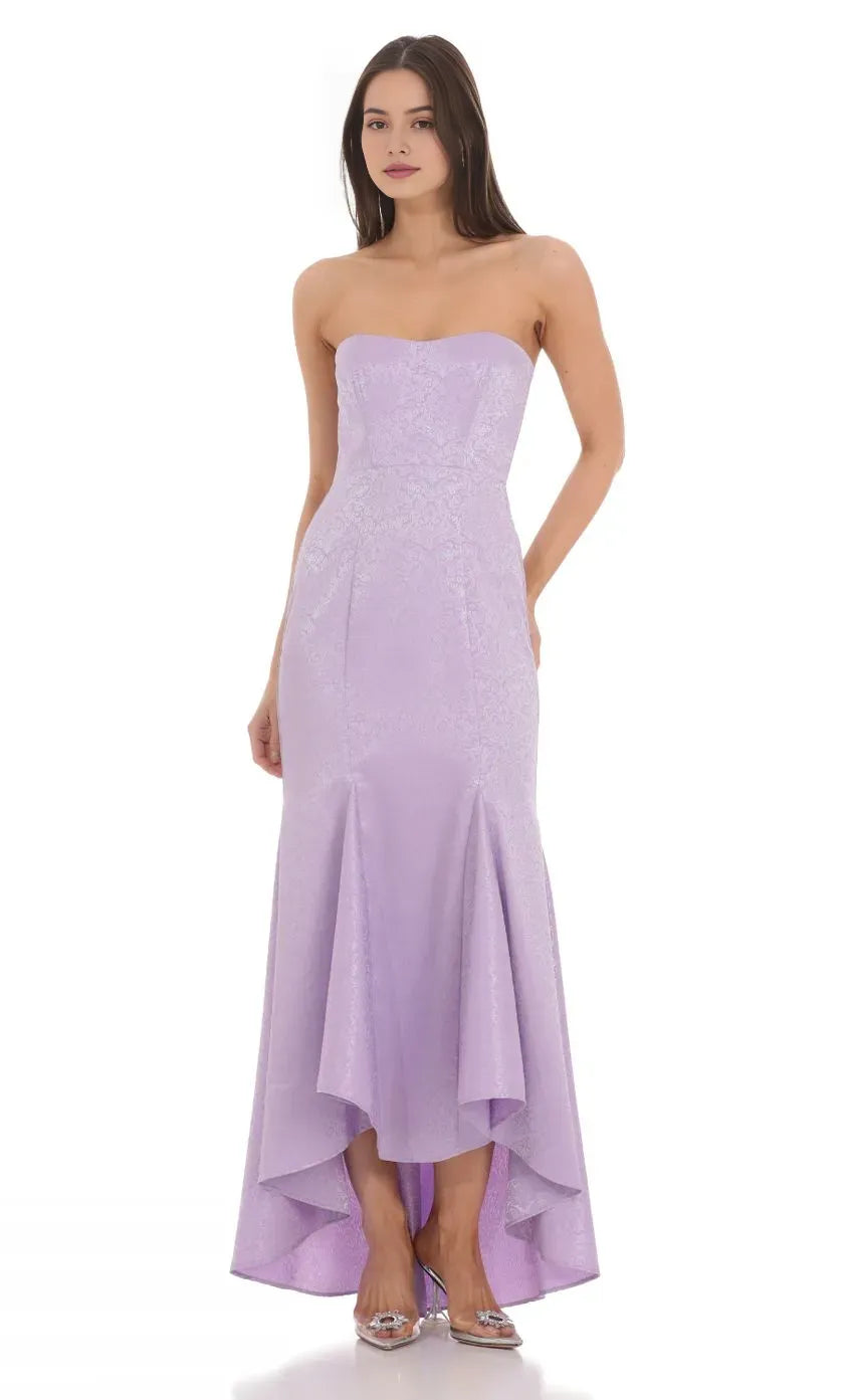 Lavender Strapless Brocade Prom Dress with Mermaid Silhouette and High Low Hem