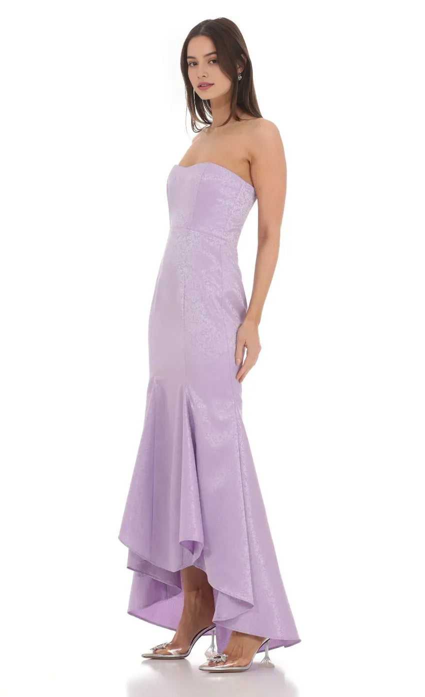 Lavender Strapless Brocade Prom Dress with Mermaid Silhouette and High Low Hem