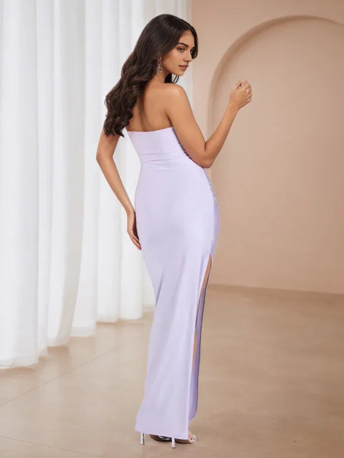 Lavender Strapless Ruched Satin Prom Dress with Side Slit - Elegant Formal Evening Gown for Dance Events