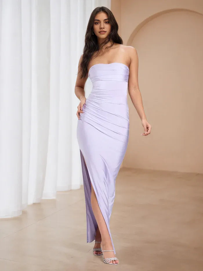 Lavender Strapless Ruched Satin Prom Dress with Side Slit - Elegant Formal Evening Gown for Dance Events
