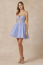 Lavender Tulle Homecoming Dress with Spaghetti Straps Floral Lace Applique Bodice Flared Skirt for Prom Nights