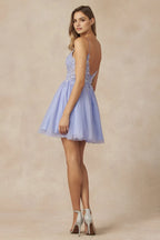 Lavender Tulle Homecoming Dress with Spaghetti Straps Floral Lace Applique Bodice Flared Skirt for Prom Nights