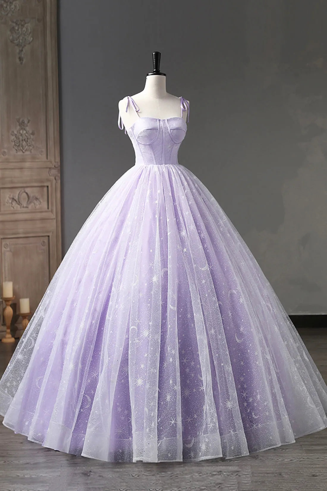 Lavender Tulle Straps Floor Length Evening Dress Lavender A-Line Prom Dress