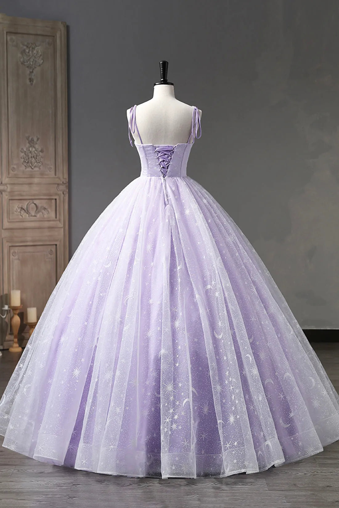 Lavender Tulle Straps Floor Length Evening Dress Lavender A-Line Prom Dress