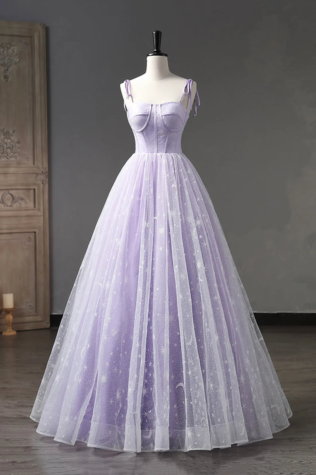 Lavender Tulle Straps Floor Length Evening Dress Lavender A-Line Prom Dress