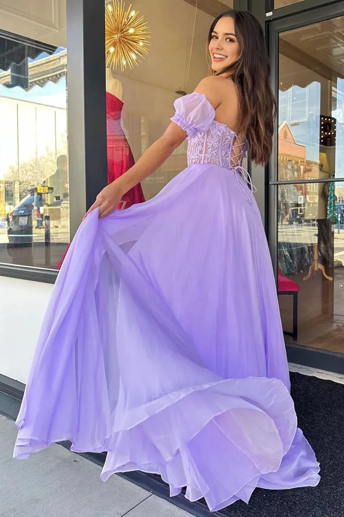 Lavender chiffon lace long ball dress with tight corset beautiful evening gown