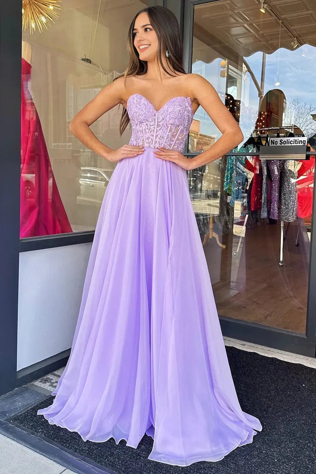 Lavender chiffon lace long ball dress with tight corset beautiful evening gown