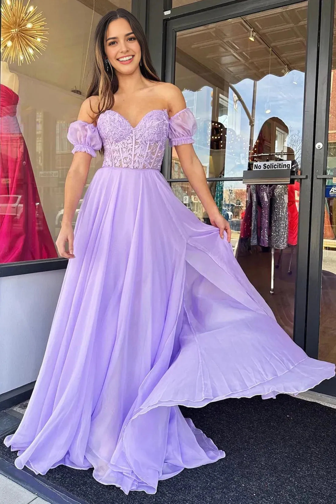 Lavender chiffon lace long ball dress with tight corset beautiful evening gown