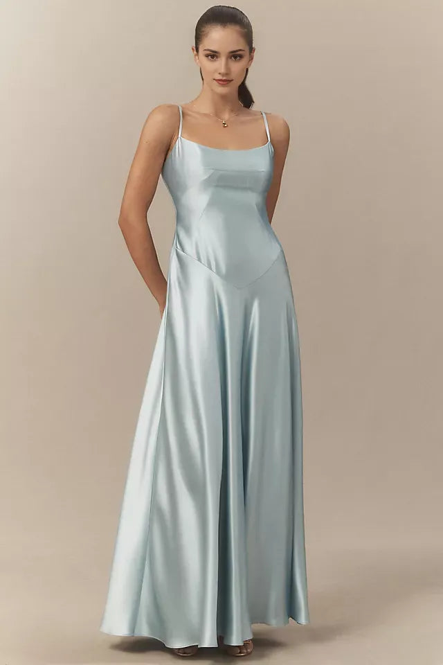 Lavish Light Blue A-Line Square-Neck Spaghetti-Strap Lace-Up-Back Floor-Length Satin Prom Dress ﻿