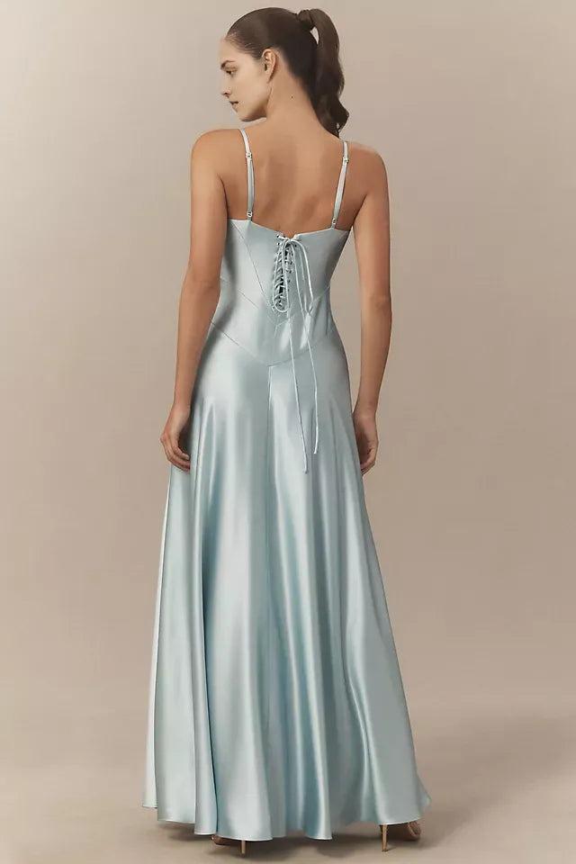 Lavish Light Blue A-Line Square-Neck Spaghetti-Strap Lace-Up-Back Floor-Length Satin Prom Dress ﻿