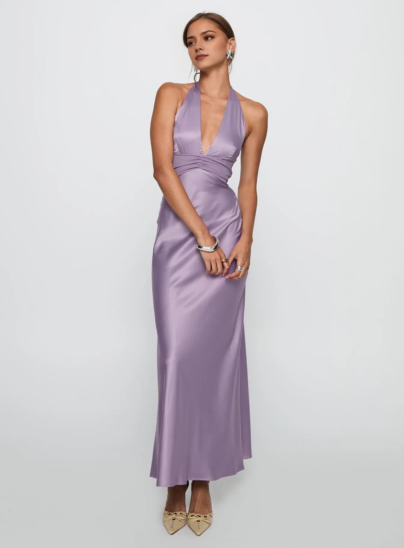 Lavish Mauve Sheath V-Neck  Halter-Tie Backless Ankle-Length Satin Prom Dress Hot sale