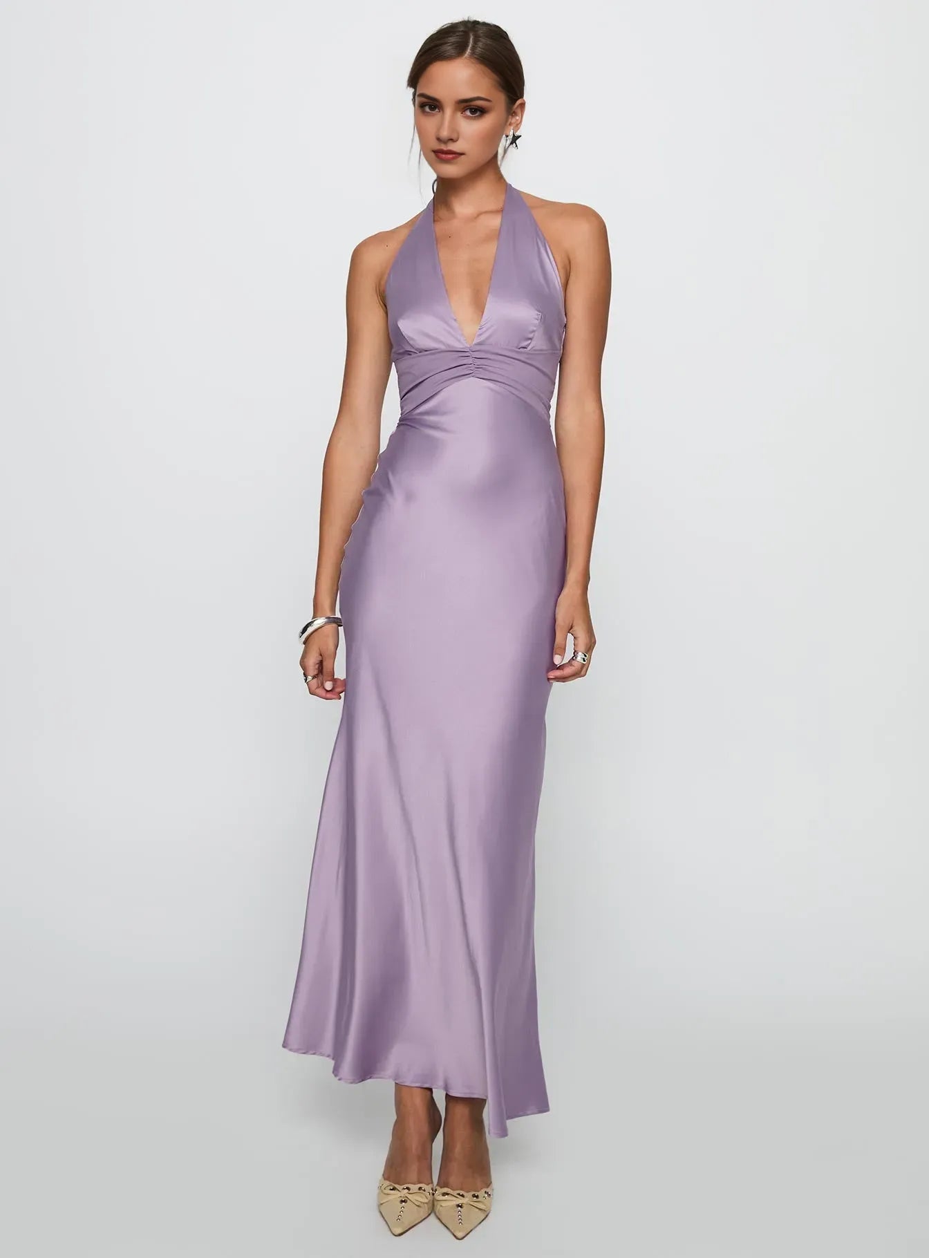 Lavish Mauve Sheath V-Neck  Halter-Tie Backless Ankle-Length Satin Prom Dress Hot sale