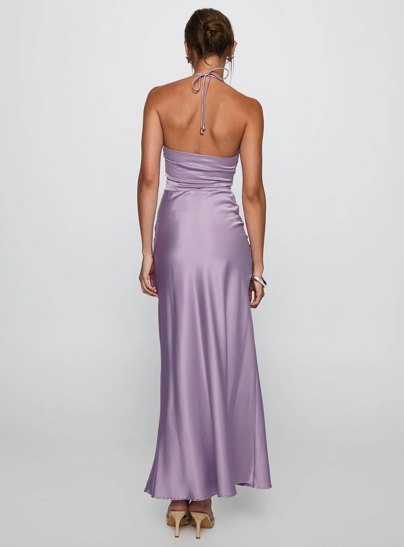 Lavish Mauve Sheath V-Neck  Halter-Tie Backless Ankle-Length Satin Prom Dress Hot sale