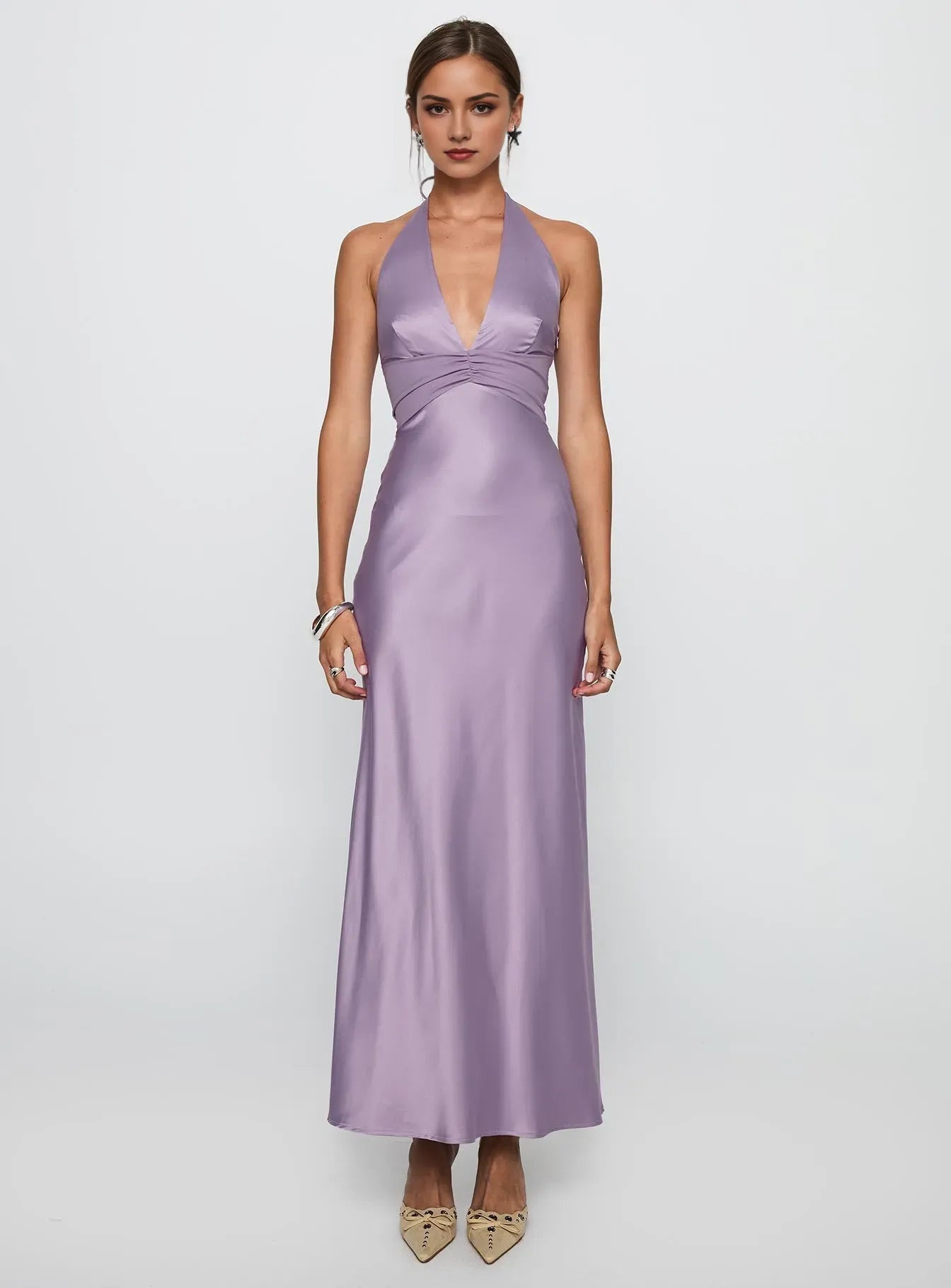 Lavish Mauve Sheath V-Neck  Halter-Tie Backless Ankle-Length Satin Prom Dress Hot sale