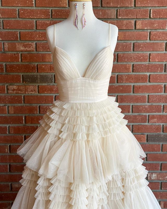 DingJiDress A Line Tulle Layered Deep V Neck Prom Dresses Elegant High Evening Dresses