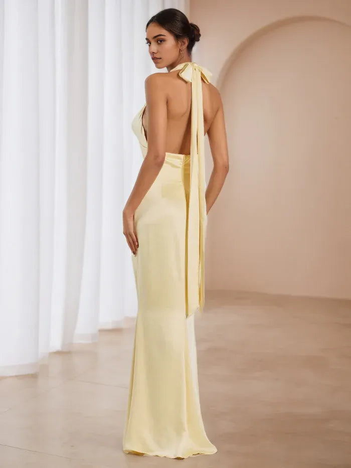 Lemon Satin Halter Prom Dress Plunge V Neck Flowy Silhouette for Dreamy Galas