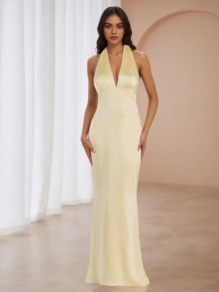 Lemon Satin Halter Prom Dress Plunge V Neck Flowy Silhouette for Dreamy Galas