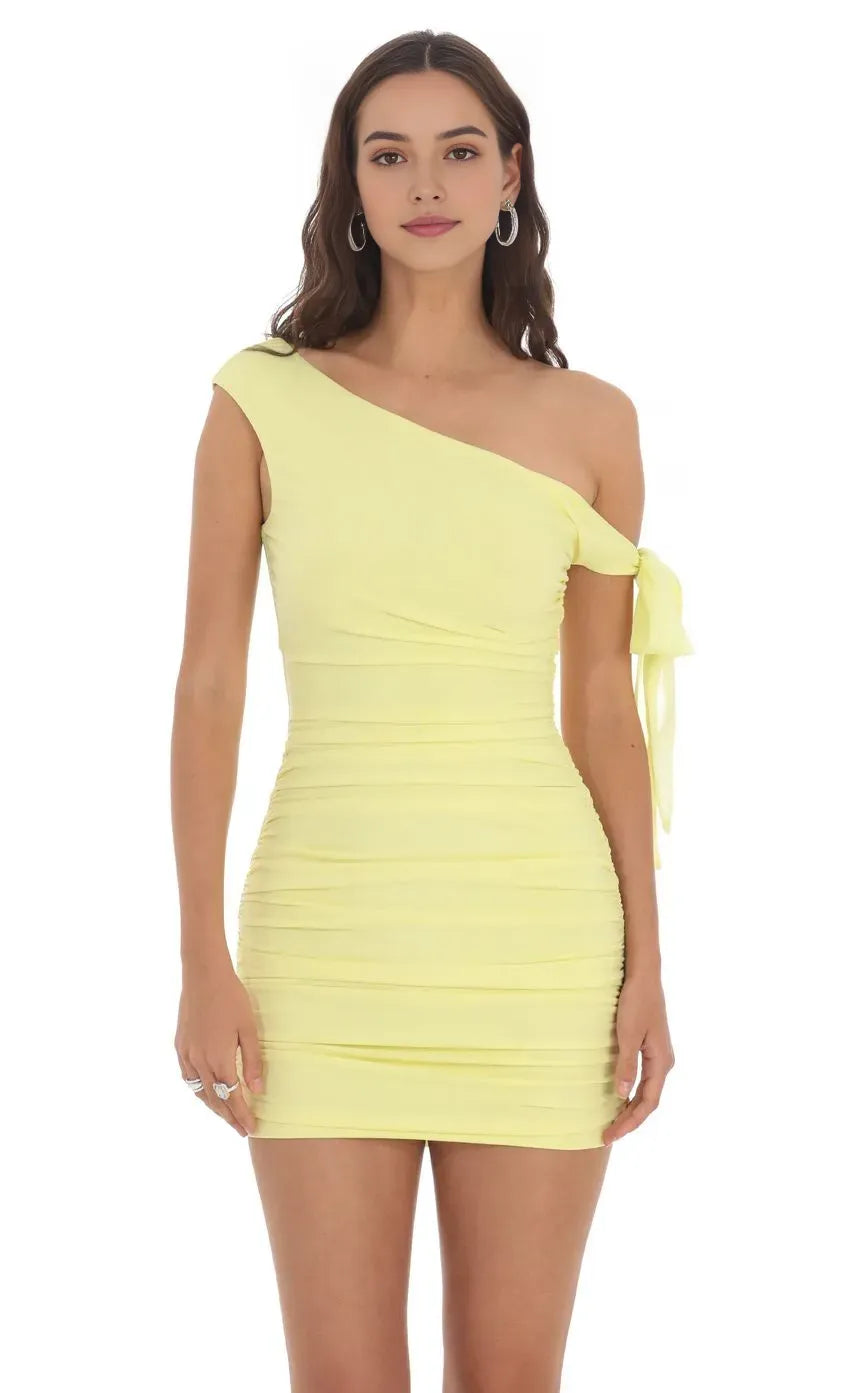 Lemon Yellow One  Shoulder Homecoming Dresses with Bow Accent A Trendy Back  to  School Staple for Fashion Forward Campus Events