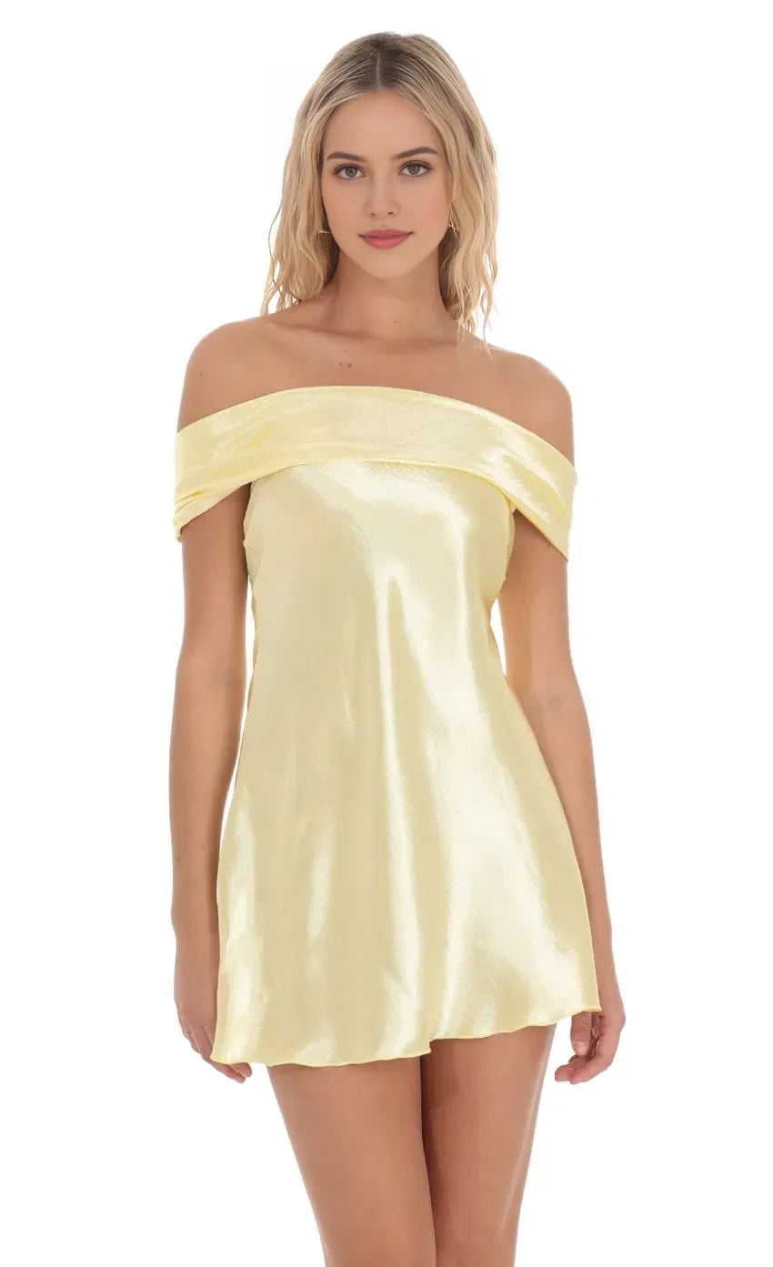 Lemon Yellow Satin Homecoming Dress Off  Shoulder Neckline Flowy Fit Perfect for Sophisticated School Dances Timeless Reunion Memories