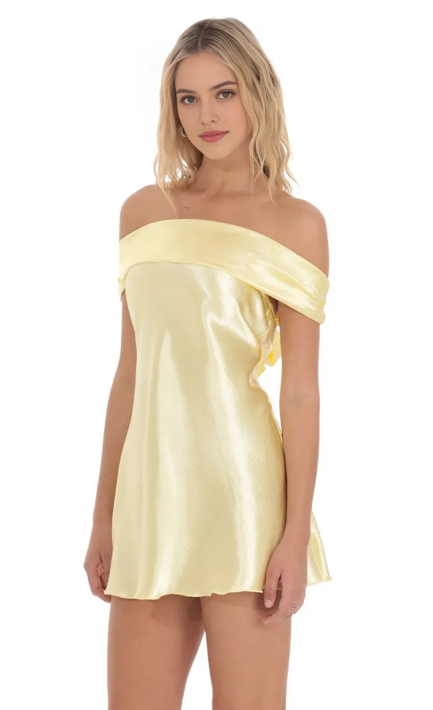 Lemon Yellow Satin Homecoming Dress Off  Shoulder Neckline Flowy Fit Perfect for Sophisticated School Dances Timeless Reunion Memories