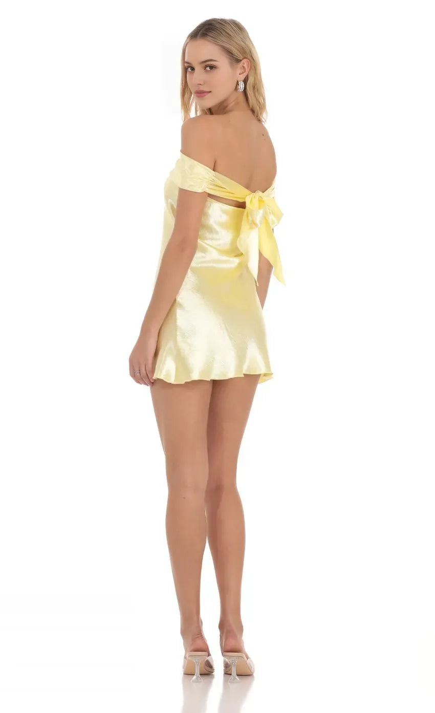 Lemon Yellow Satin Homecoming Dress Off  Shoulder Neckline Flowy Fit Perfect for Sophisticated School Dances Timeless Reunion Memories