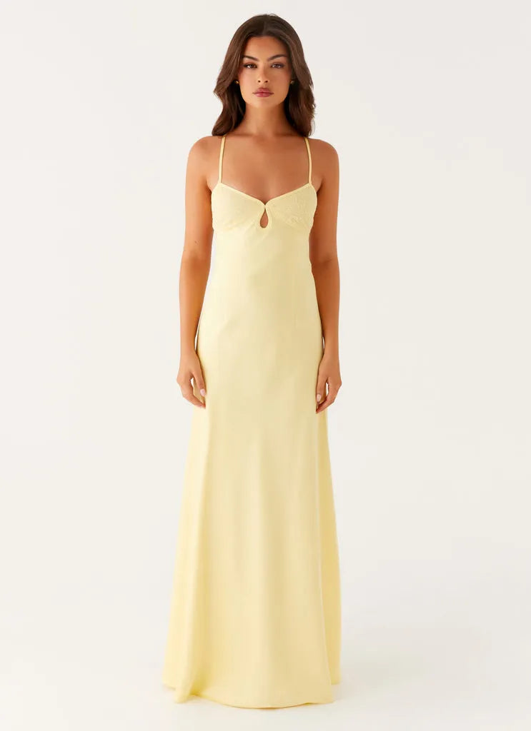Lemon Yellow Satin Prom Dress with Spaghetti Straps Sweetheart Neckline Keyhole Detail  Floor-Length Silhouette for Formal Galas