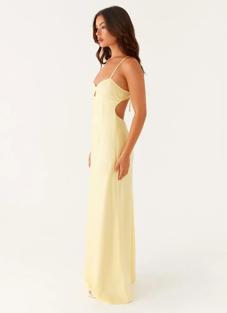 Lemon Yellow Satin Prom Dress with Spaghetti Straps Sweetheart Neckline Keyhole Detail  Floor-Length Silhouette for Formal Galas