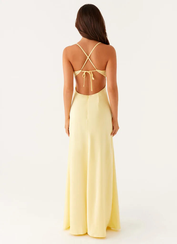 Lemon Yellow Satin Prom Dress with Spaghetti Straps Sweetheart Neckline Keyhole Detail  Floor-Length Silhouette for Formal Galas