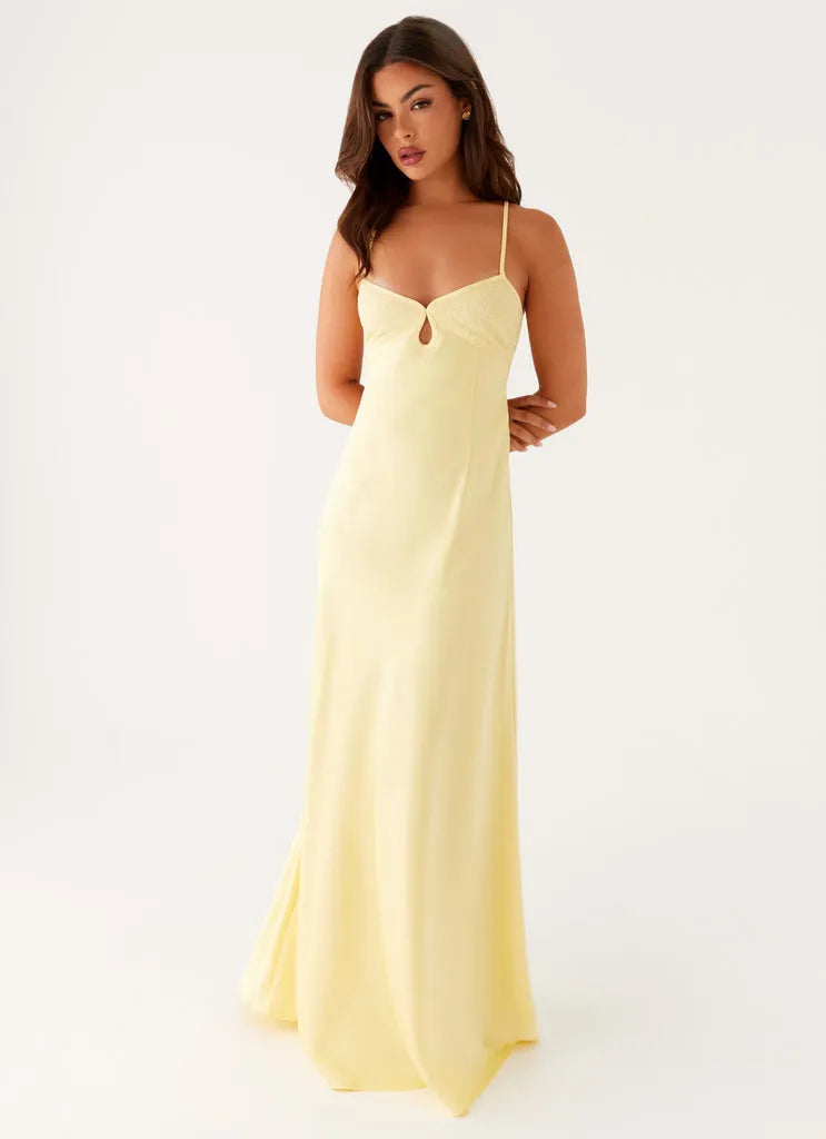 Lemon Yellow Satin Prom Dress with Spaghetti Straps Sweetheart Neckline Keyhole Detail  Floor-Length Silhouette for Formal Galas