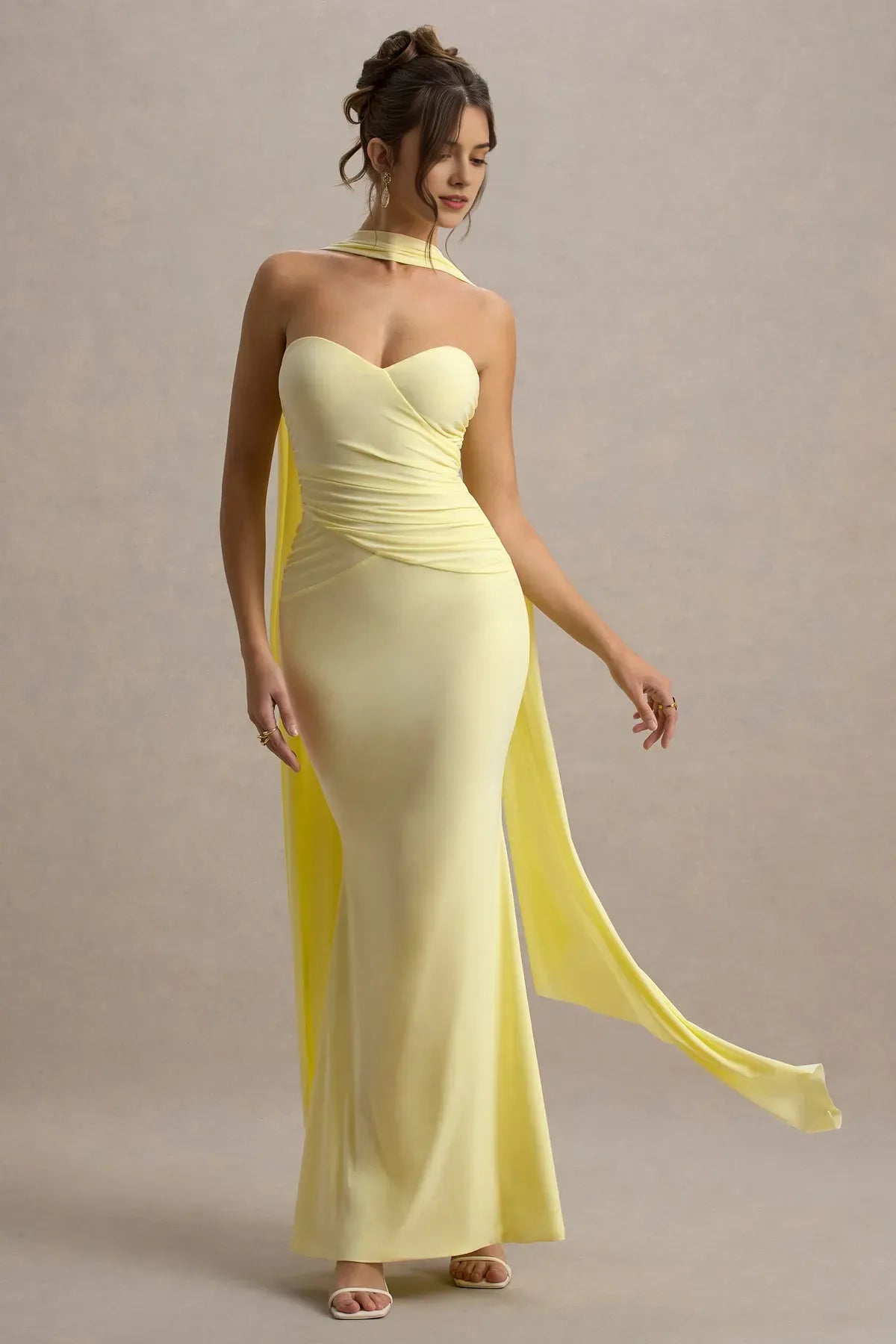 Lemon Yellow Sweetheart Prom Dresses  Halter Neckline Draped Ruched Bodice Sash Detail  A Fusion of Romance and Playful Elegance