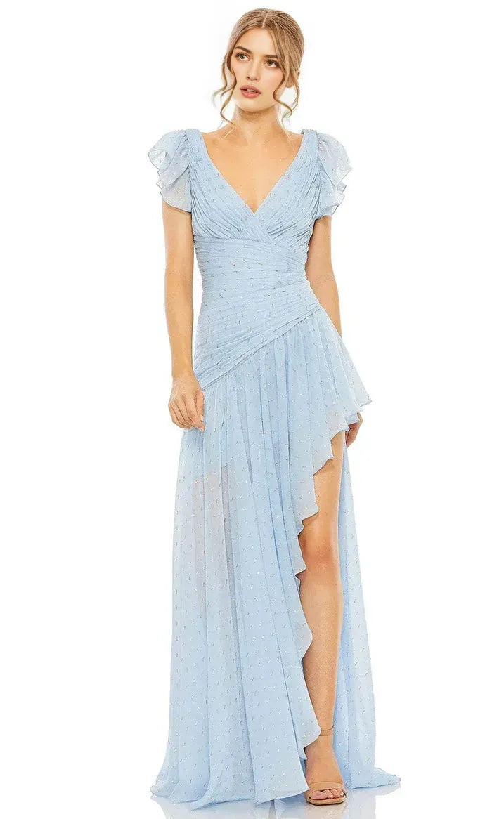 Light Blue Chiffon Evening Dress with Flutter Sleeves Surplice Neckline Asymmetric Ruffle Skirt and Glitter Dots for Romantic Occasions