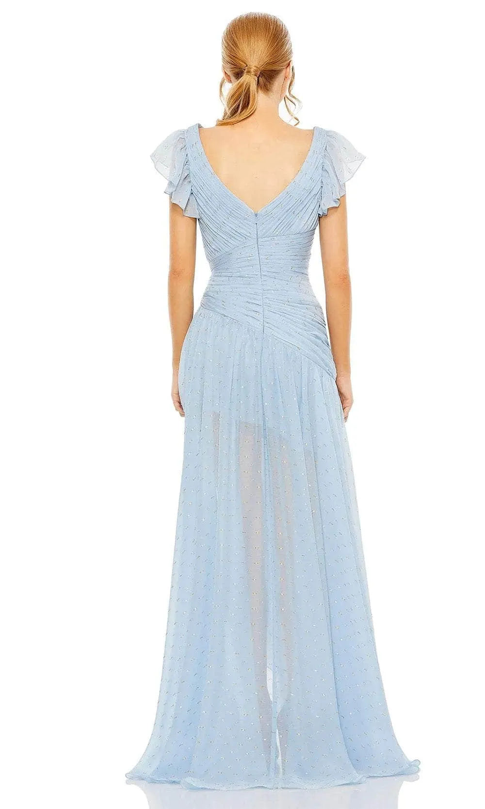 Light Blue Chiffon Evening Dress with Flutter Sleeves Surplice Neckline Asymmetric Ruffle Skirt and Glitter Dots for Romantic Occasions