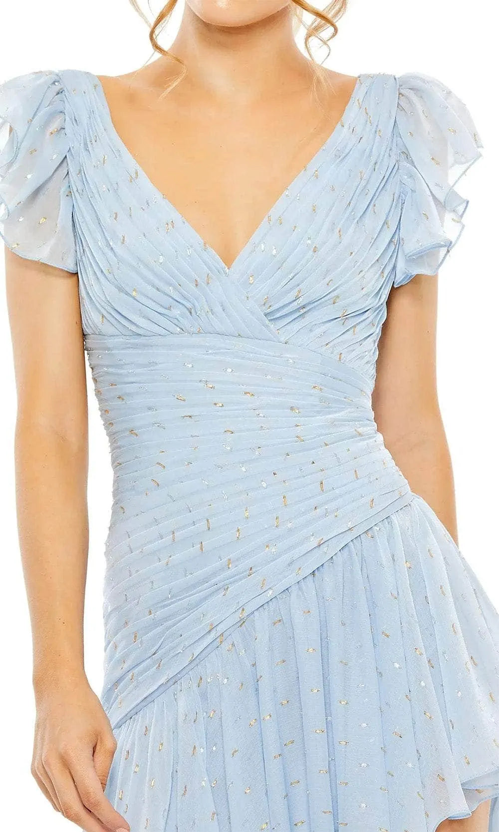 Light Blue Chiffon Evening Dress with Flutter Sleeves Surplice Neckline Asymmetric Ruffle Skirt and Glitter Dots for Romantic Occasions