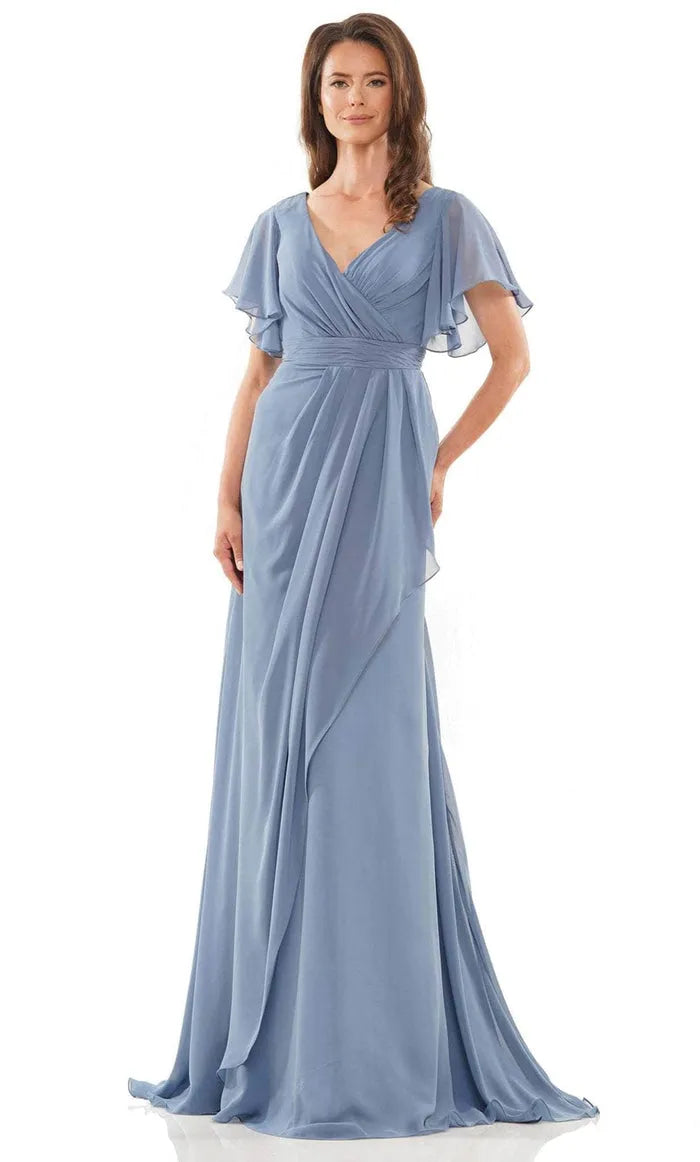 Light Blue Chiffon Evening Dress with Flutter Sleeves Surplice Neckline and Asymmetric Ruffle Skirt for Romantic Occasions