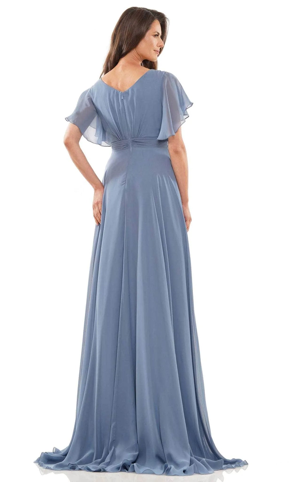 Light Blue Chiffon Evening Dress with Flutter Sleeves Surplice Neckline and Asymmetric Ruffle Skirt for Romantic Occasions