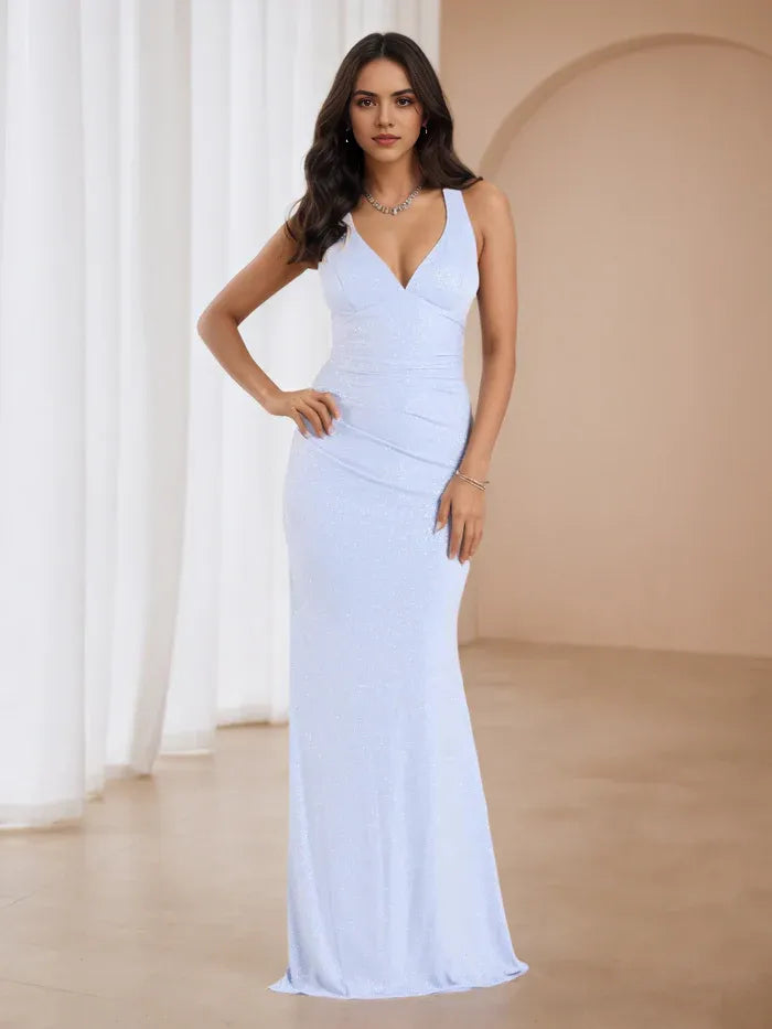 Light Blue Glitter Mermaid Prom Dress with Plunge V Neck Sweet Charm for School Dances