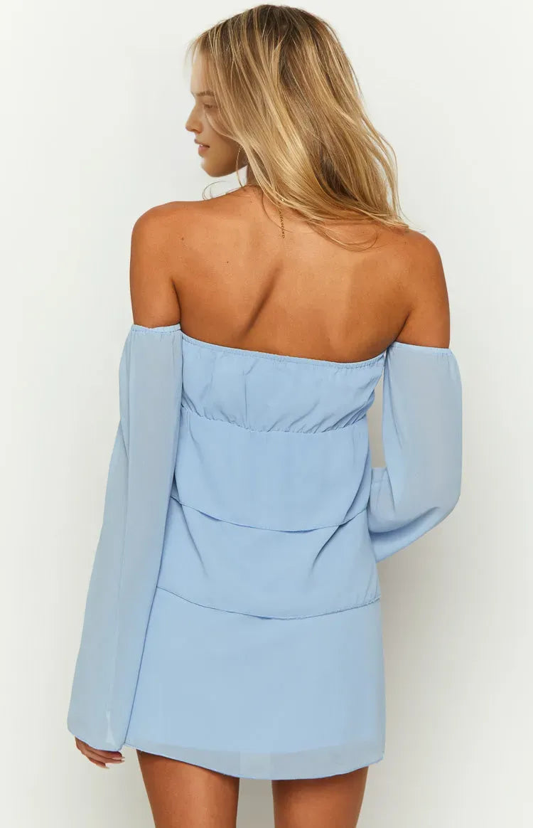 Light Blue Off - Shoulder Homecoming Dress with Tiered Skirt Bow Detail Chiffon Long Sleeves for a Romantic Flattering