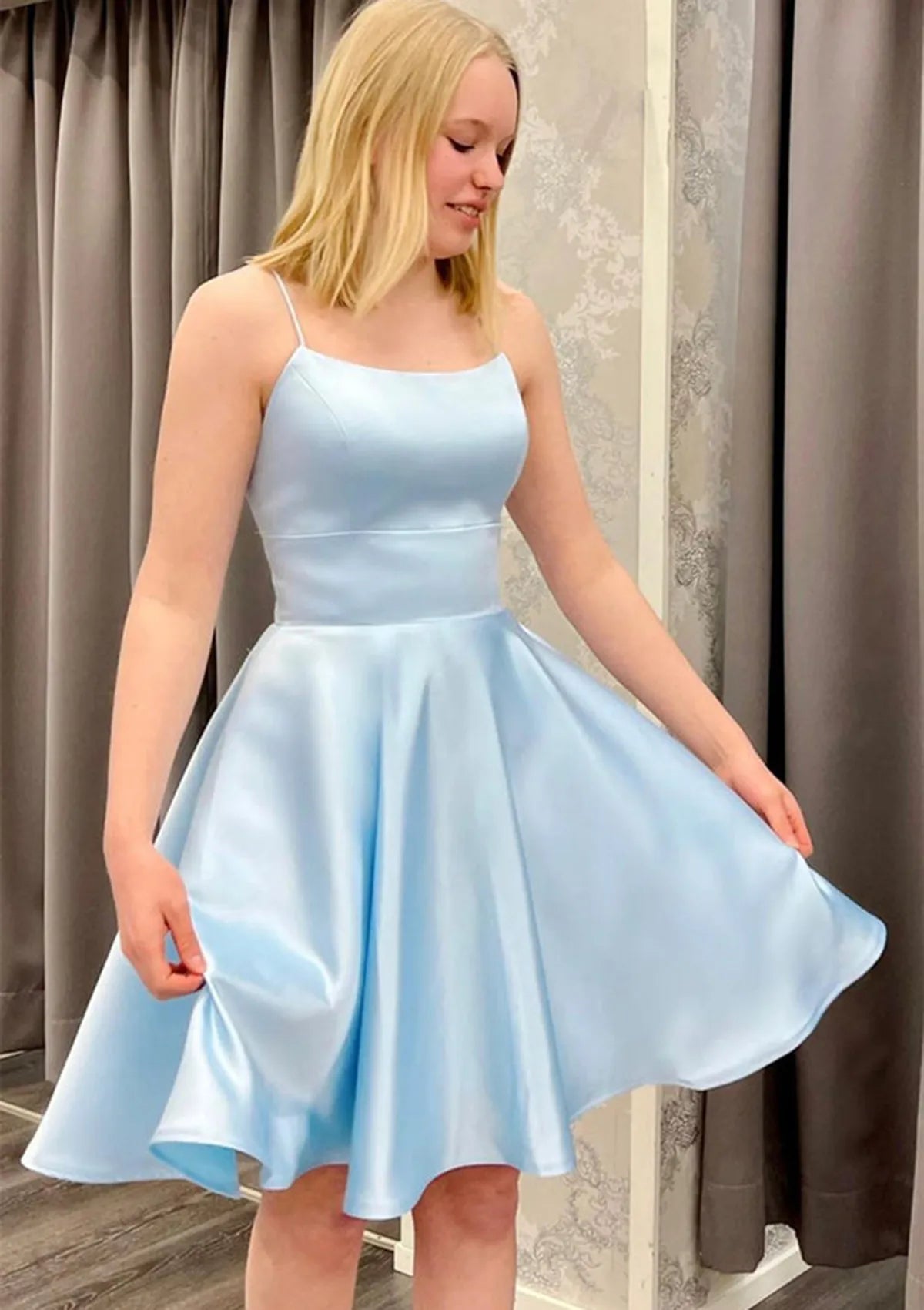Light Blue Satin Homecoming Dress Spaghetti Straps Square Neckline Flared Skirt for Fresh Elegant School Reunion Looks