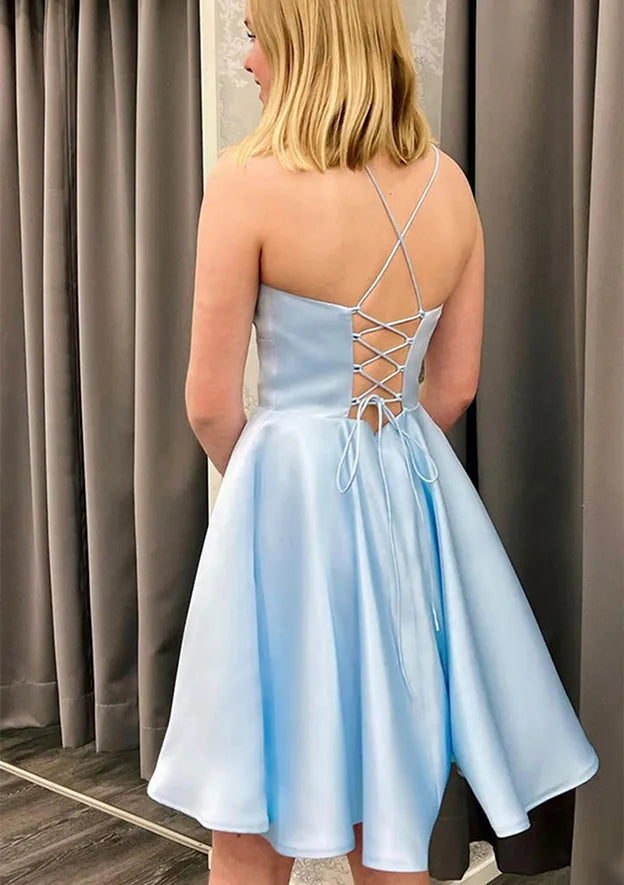 Light Blue Satin Homecoming Dress Spaghetti Straps Square Neckline Flared Skirt for Fresh Elegant School Reunion Looks