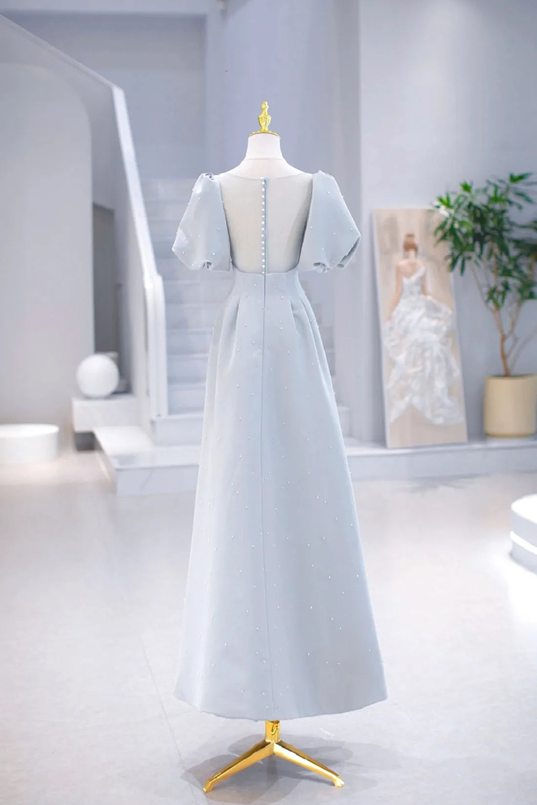 Light Blue Satin Long Prom Dress with Pearls A-Line Short Sleeve Party Dress