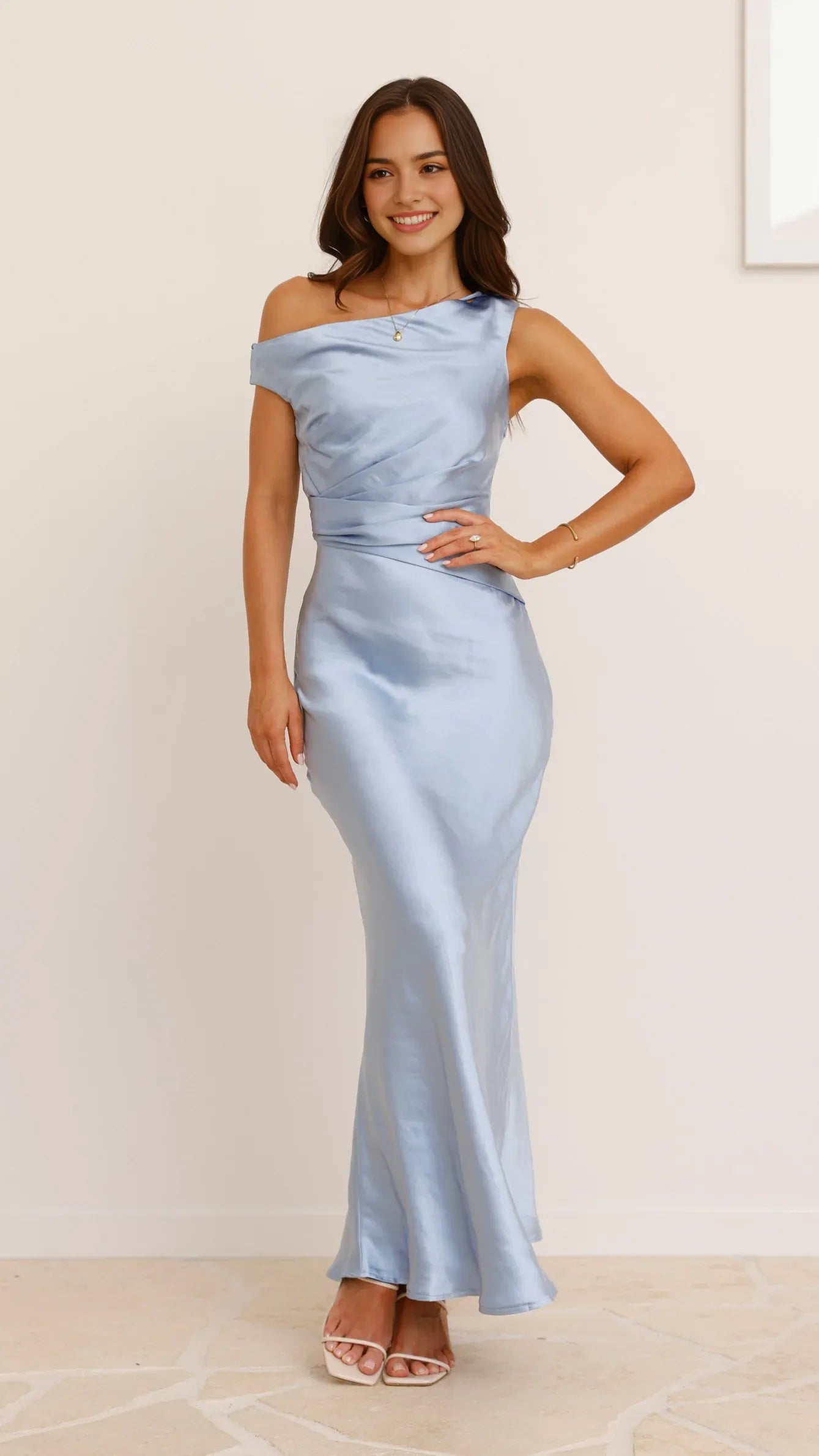 Light Blue Satin V - Neck Spaghetti Strap Prom Dresses for Women Floor Length Formal Party Gown