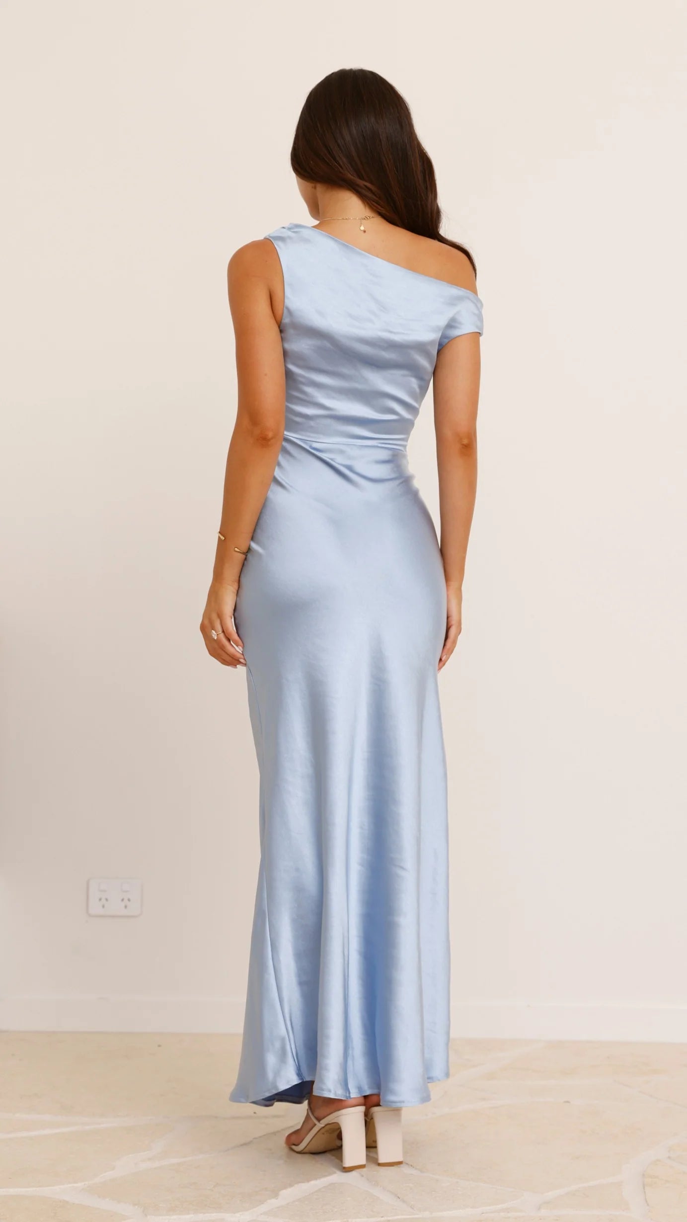 Light Blue Satin V - Neck Spaghetti Strap Prom Dresses for Women Floor Length Formal Party Gown