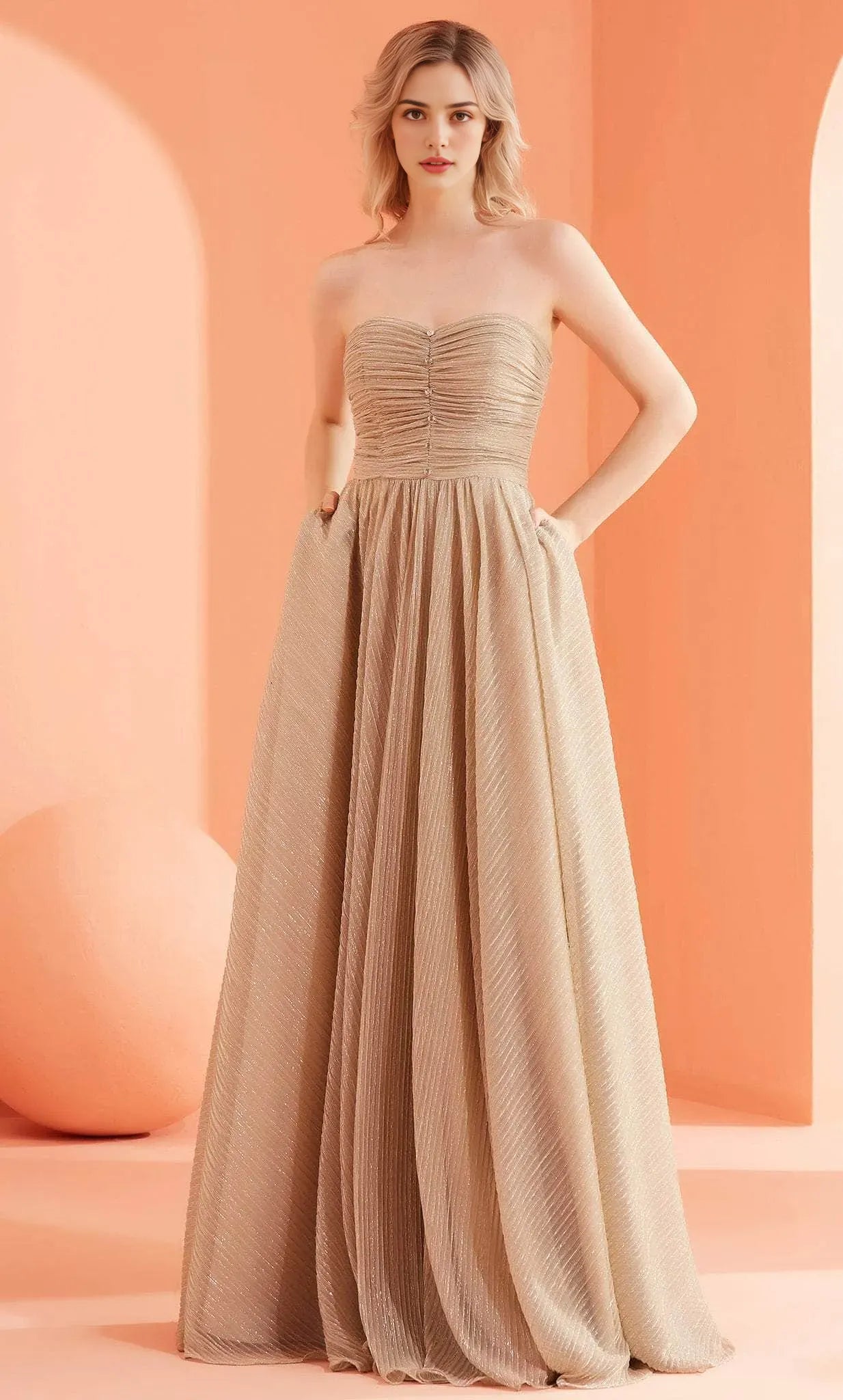 Light Blue Strapless Evening Dress with Ruched Bodice Button Accents and Flowy A -Line Skirt for Elegant Occasions