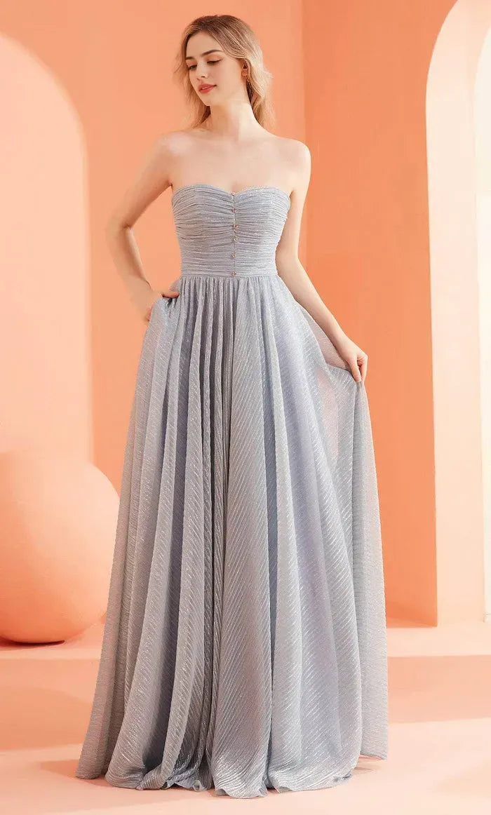 Light Blue Strapless Evening Dress with Ruched Bodice Button Accents and Flowy A -Line Skirt for Elegant Occasions