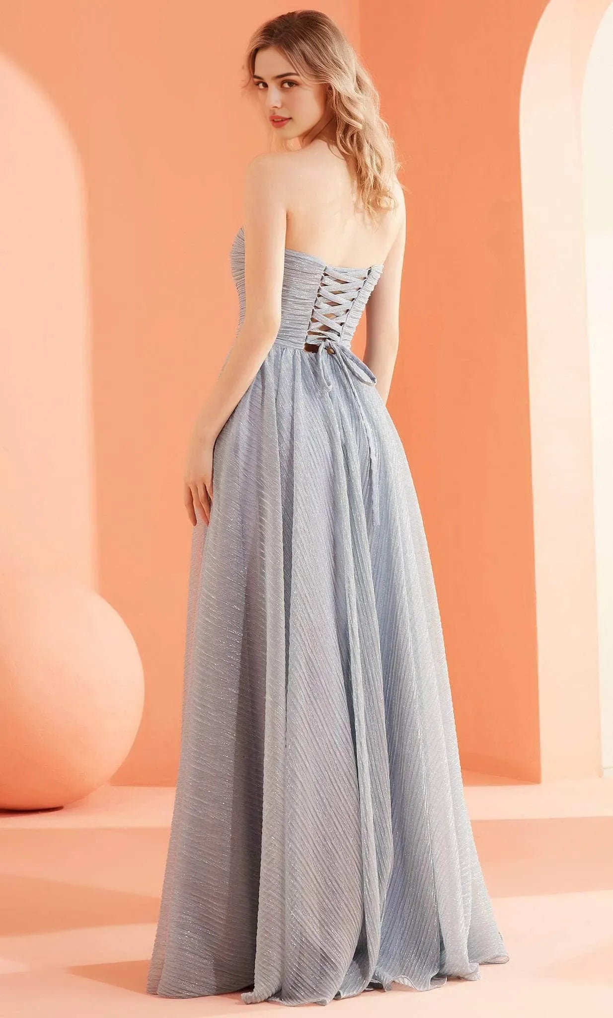 Light Blue Strapless Evening Dress with Ruched Bodice Button Accents and Flowy A -Line Skirt for Elegant Occasions