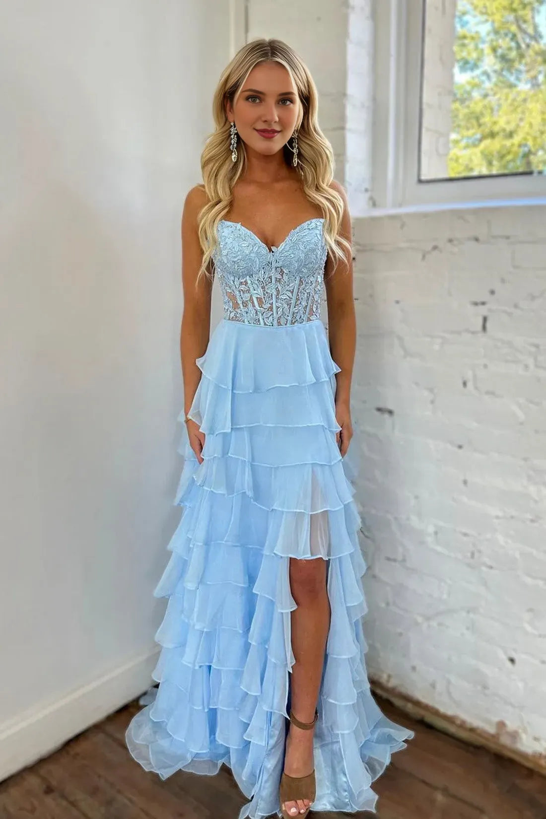 Light Blue Strapless High Low Prom Dress Blue Lace Layered Formal Evening Dress
