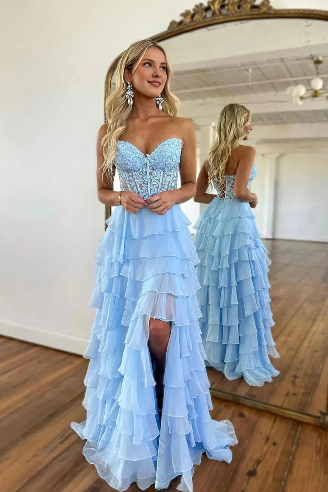 Light Blue Strapless High Low Prom Dress Blue Lace Layered Formal Evening Dress
